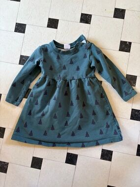 Hanna Andersson Teal Knit Dress with Navy Tree Print